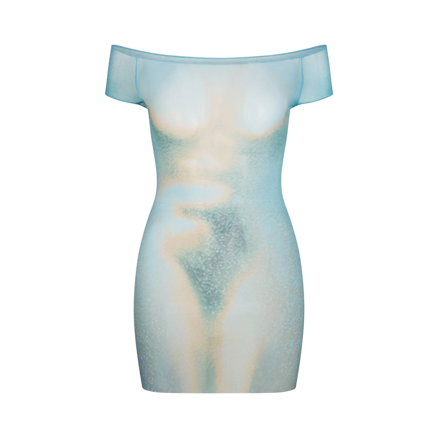 MESH COVER-UPS MINI DRESS | CYAN FK BODY PRINT
