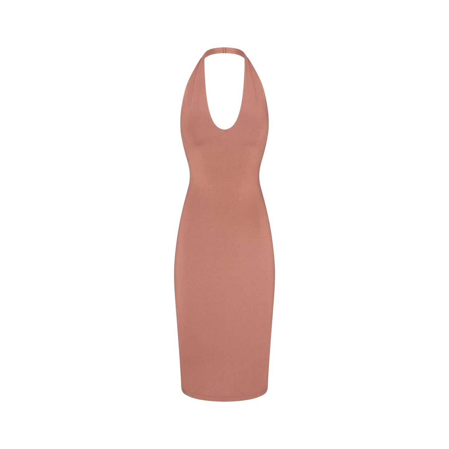 SMOOTH LAYERS PLUNGE HALTER MIDI DRESS | NUTMEG