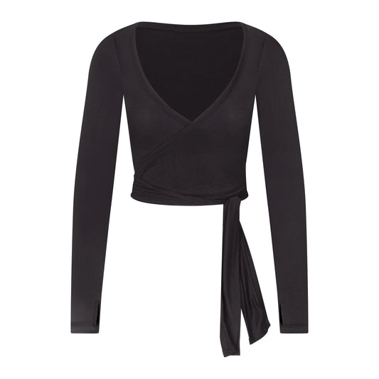 NikeSKIMS STRETCH KNIT WRAP LONG SLEEVE CROPPED TOP | OBSIDIAN