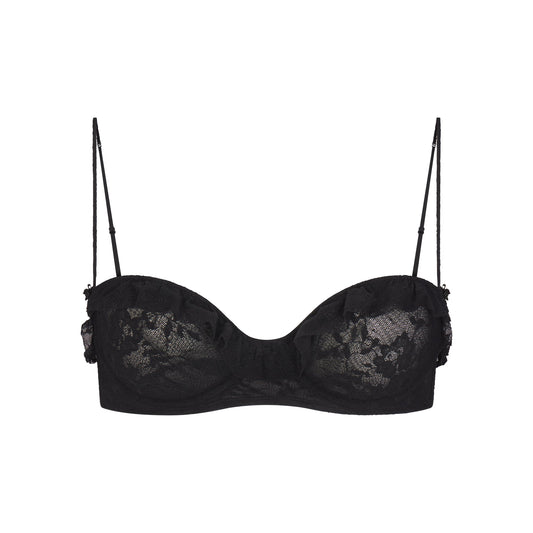STRETCH LACE RUFFLE UNLINED BRA | SOOT