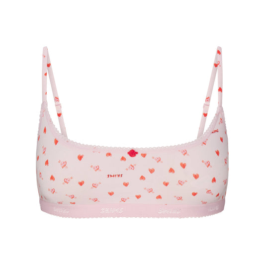 LIGHTWEIGHT COTTON LOGO PICOT SCOOP BRALETTE | BABY PINK ARROWED HEARTS
