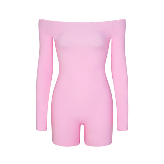 FITS EVERYBODY PICOT OFF THE SHOULDER ONESIE | BUBBLE GUM