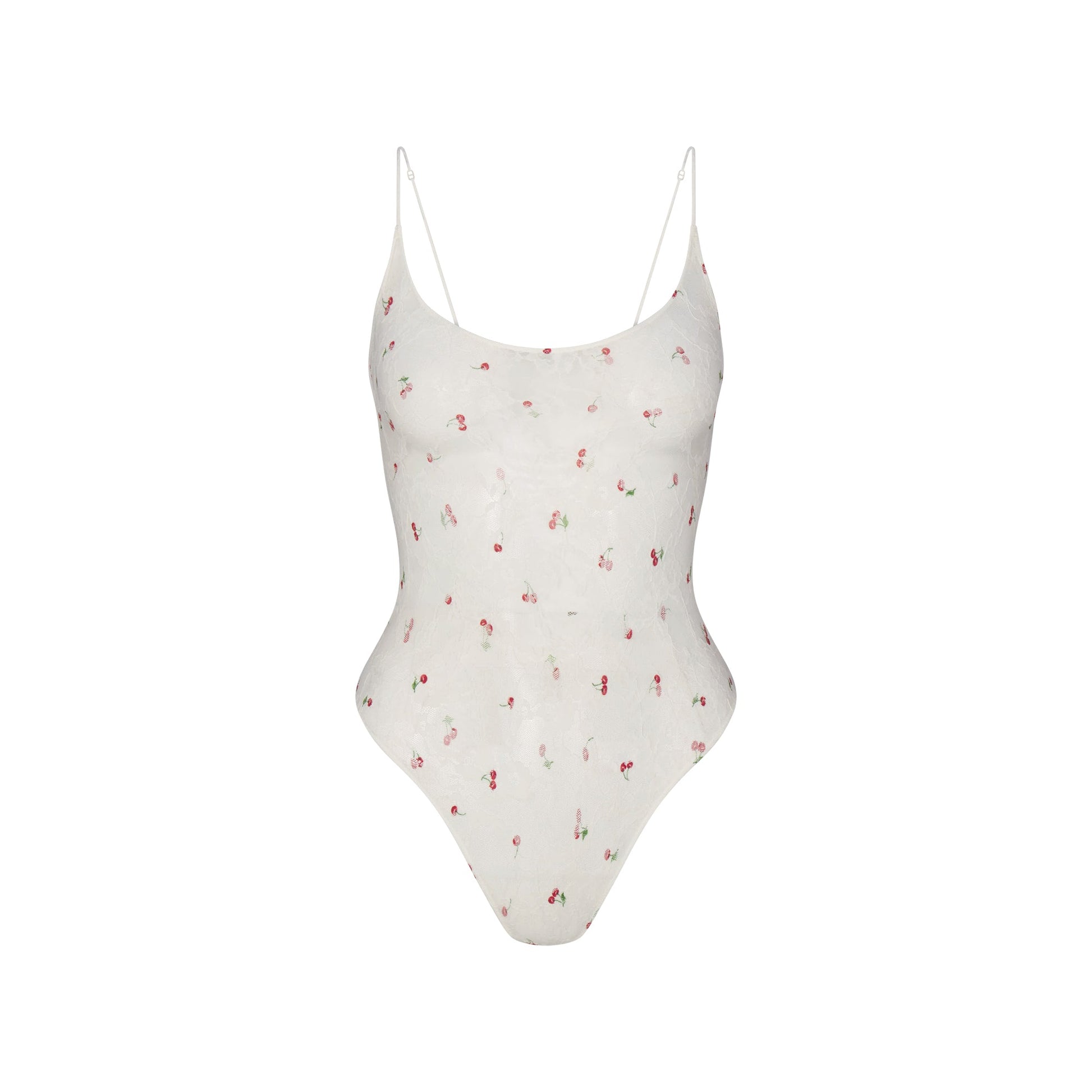 STRETCH LACE SCOOP NECK BODYSUIT | IVORY CHERRY PRINT