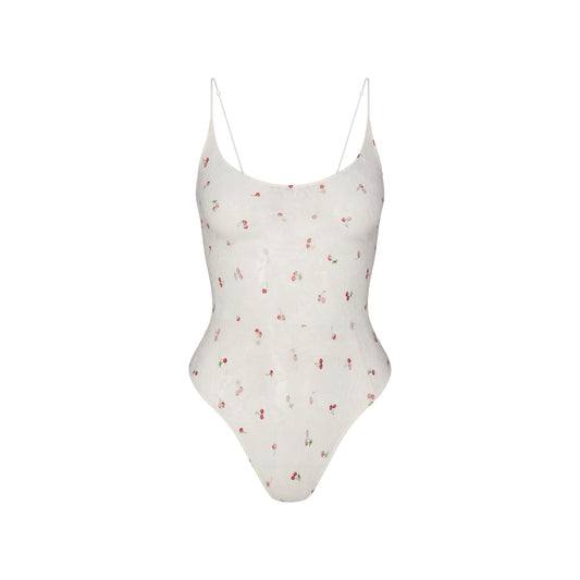 STRETCH LACE SCOOP NECK BODYSUIT | IVORY CHERRY PRINT