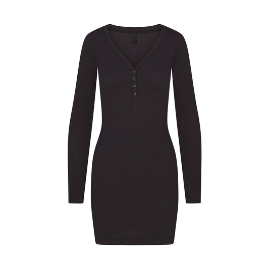 WOOL RIB HENLEY DRESS | OBSIDIAN