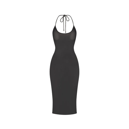 RHINESTONE KNIT HALTER MIDI SLIP DRESS | ONYX