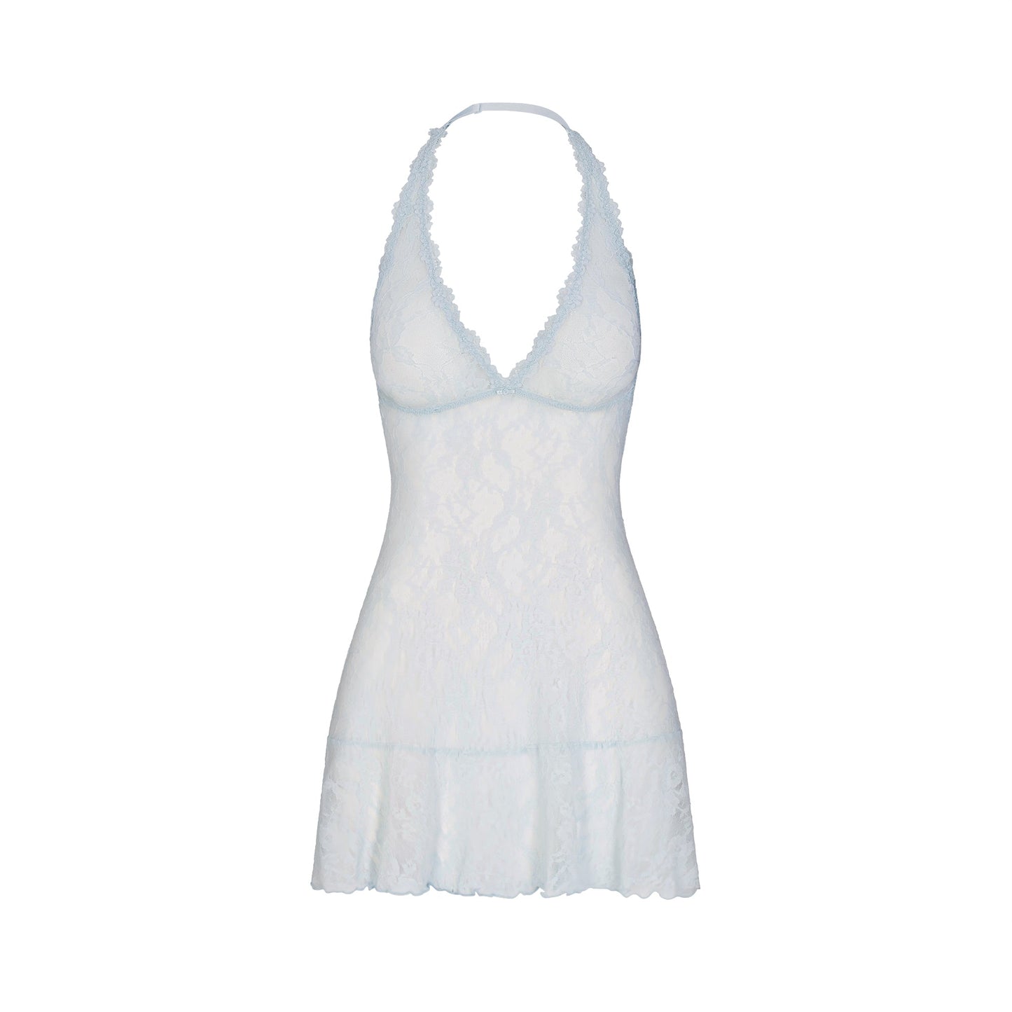 STRETCH LACE HALTER MINI DRESS | POWDER BLUE