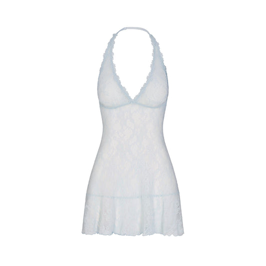 STRETCH LACE HALTER MINI DRESS | POWDER BLUE