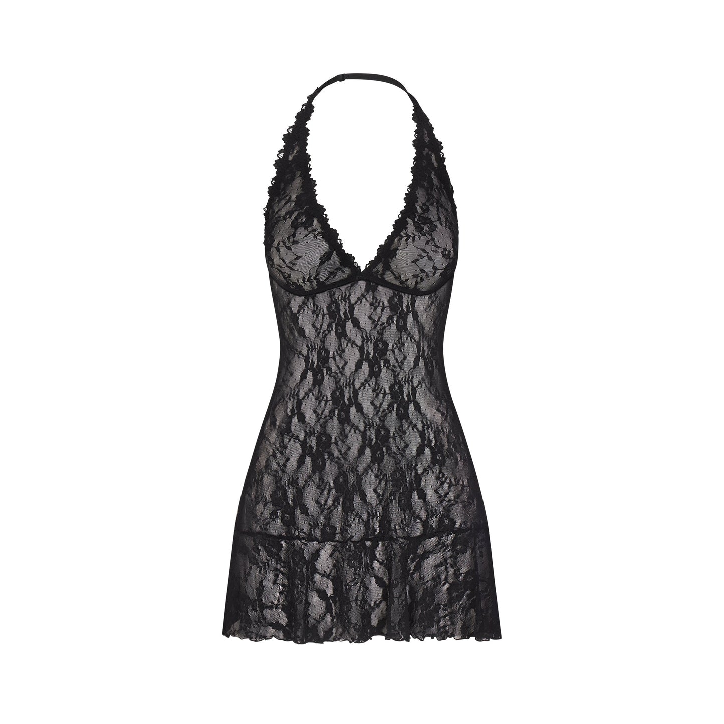 STRETCH LACE HALTER MINI DRESS | SOOT