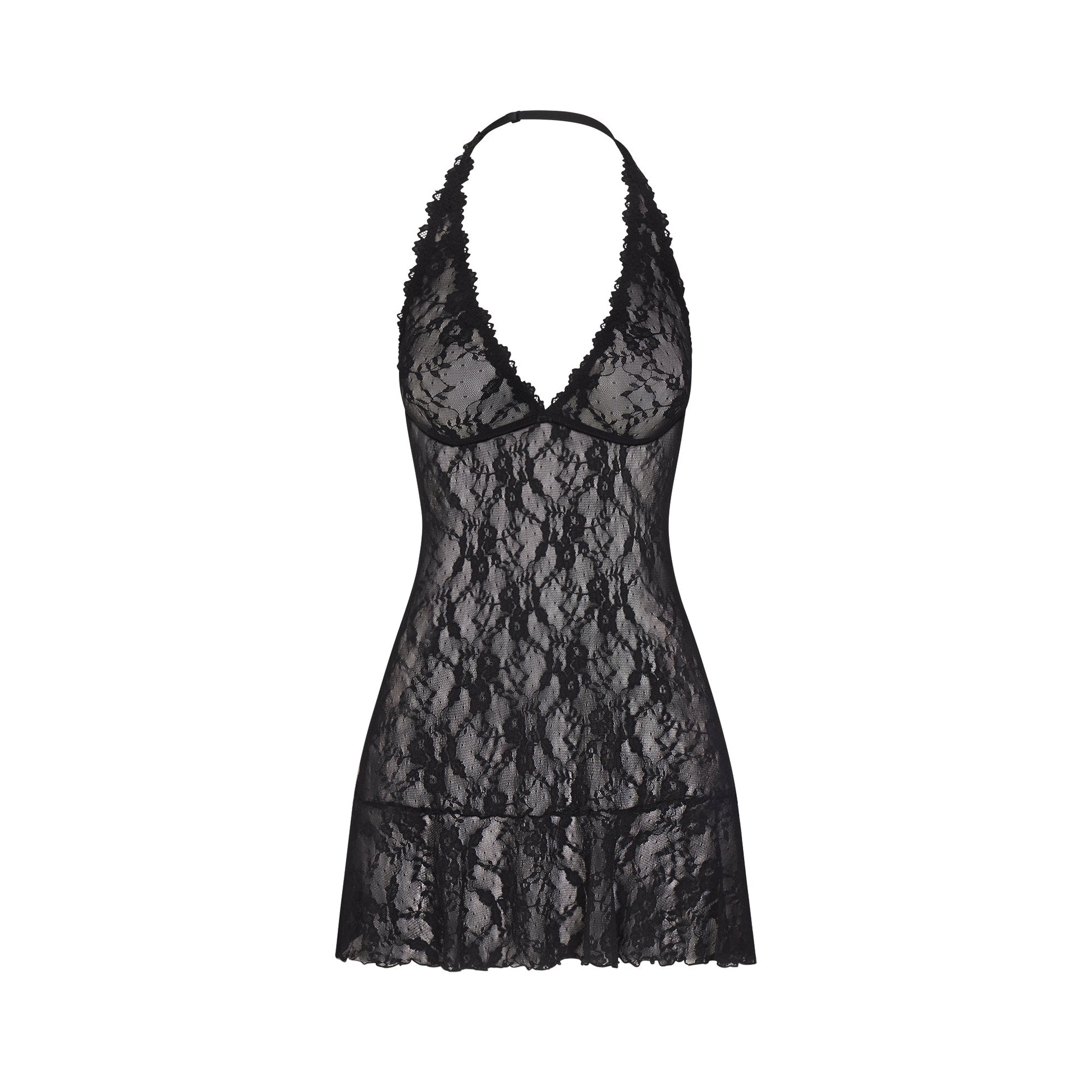 STRETCH LACE HALTER MINI DRESS | SOOT