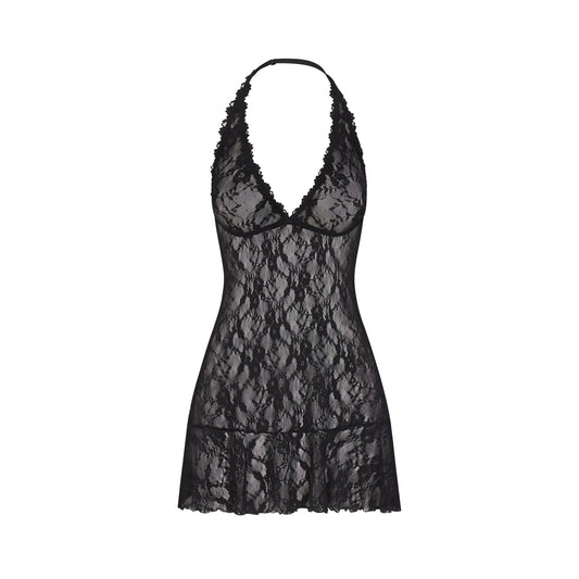 STRETCH LACE HALTER MINI DRESS | SOOT