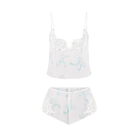 SKIMS ROMANCE CAMI AND SHORT SET | IVORY PEARL BOWS PRINT