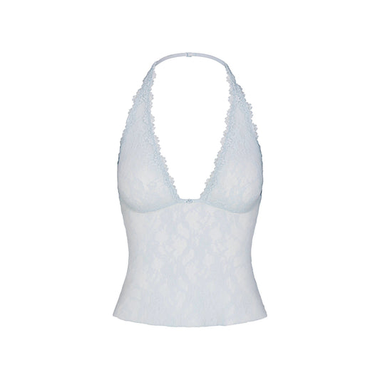 STRETCH LACE HALTER TOP | POWDER BLUE