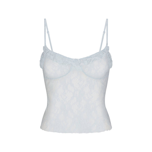 STRETCH LACE RUFFLE CAMI | POWDER BLUE