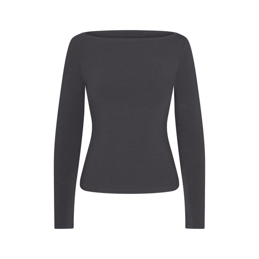 COTTON JERSEY LONG SLEEVE BOATNECK TOP | ASH
