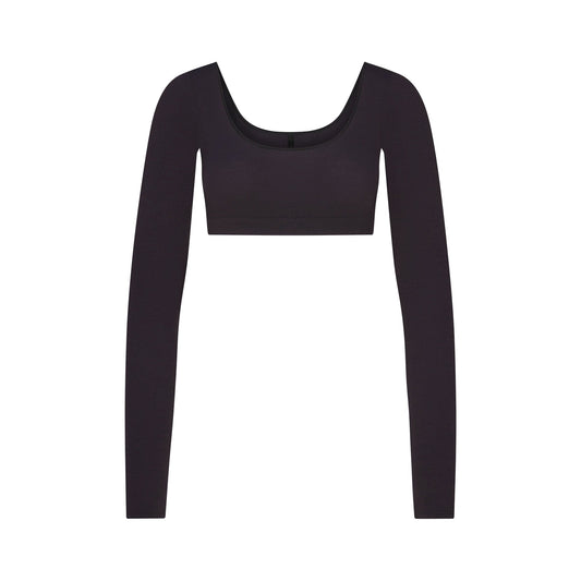 WOOL RIB LONG SLEEVE SUPER CROPPED TOP | OBSIDIAN