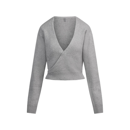 TEXTURED KNIT WRAP SWEATER | DARK HEATHER GREY