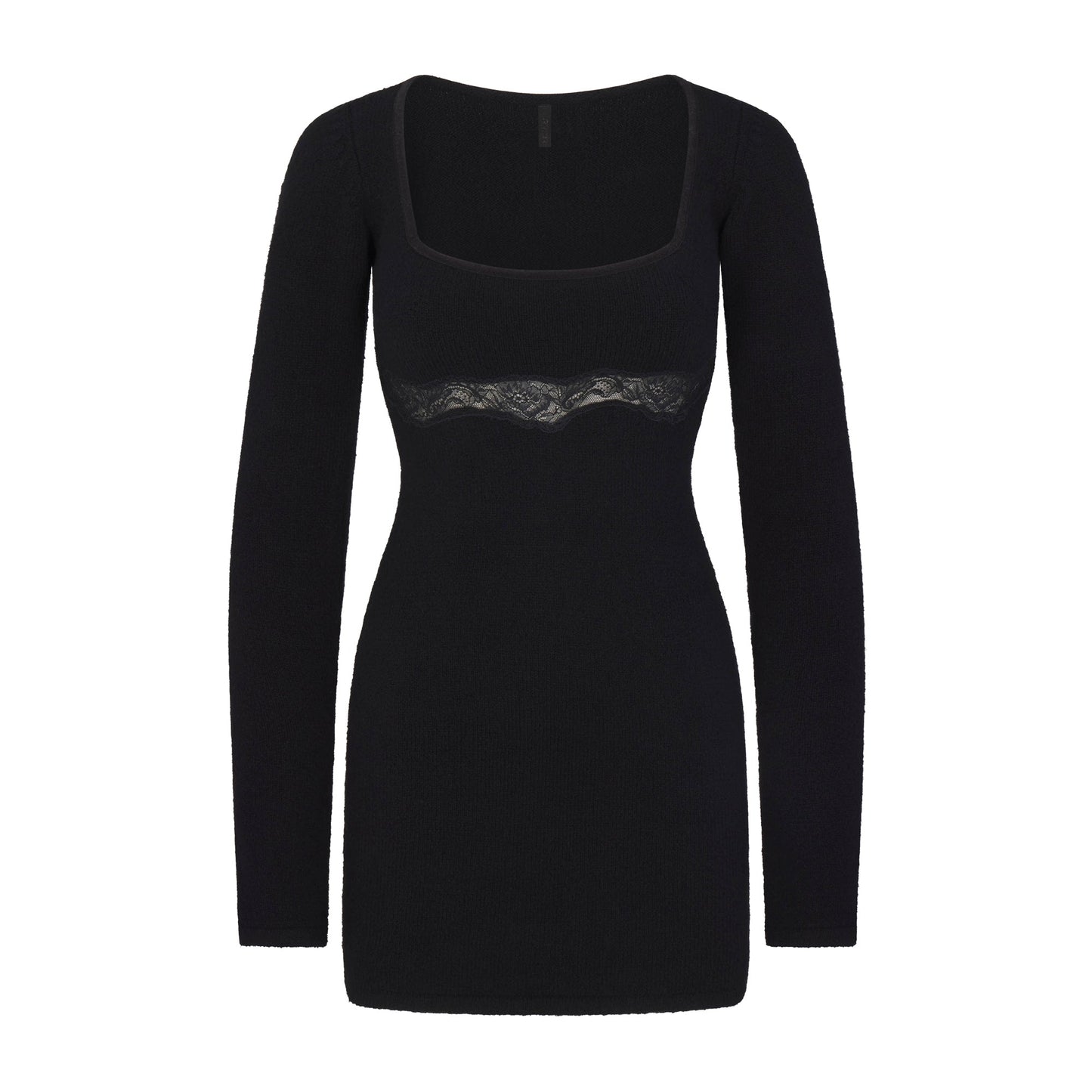 LACE KNIT LONG SLEEVE MINI DRESS | OBSIDIAN