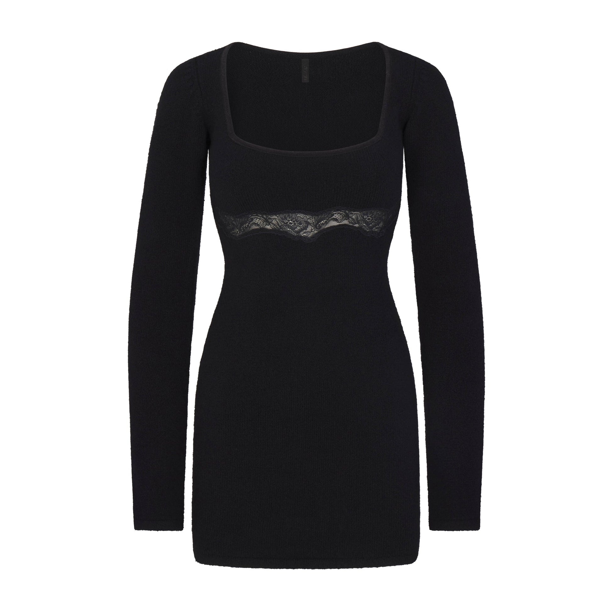LACE KNIT LONG SLEEVE MINI DRESS | OBSIDIAN