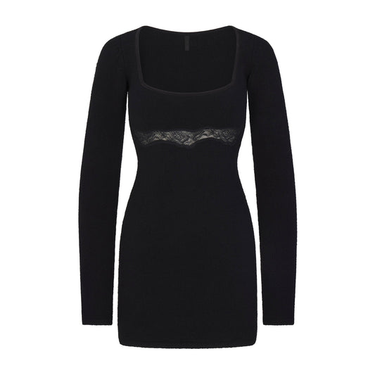 LACE KNIT LONG SLEEVE MINI DRESS | OBSIDIAN