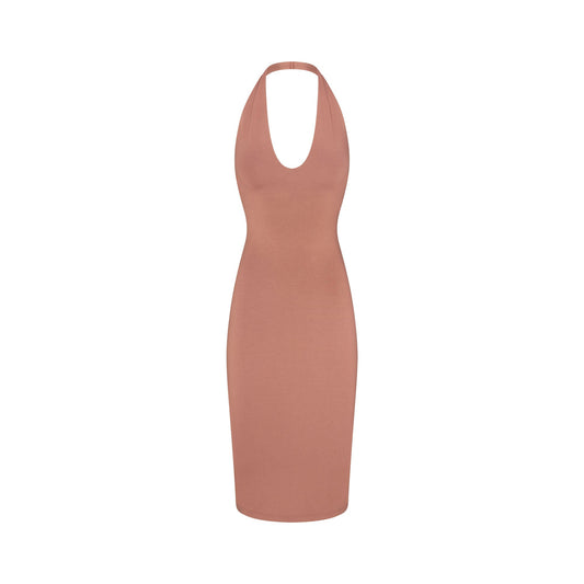 SMOOTH LAYERS PLUNGE HALTER MIDI DRESS | NUTMEG