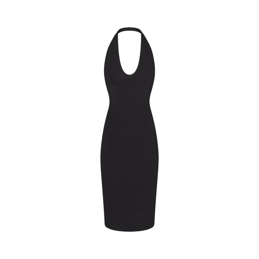 SMOOTH LAYERS PLUNGE HALTER MIDI DRESS | OBSIDIAN