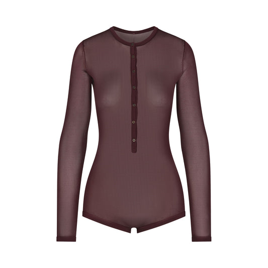 SLINKY KNIT BUTTON UP HENLEY ONESIE | CURRANT