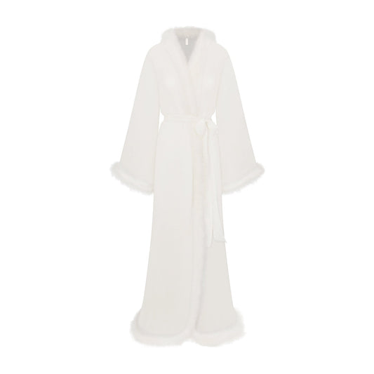 BRIDAL SLEEP FEATHER TRIM LONG ROBE | IVORY