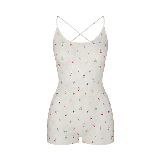STRETCH LACE LOW BACK ONESIE | IVORY CHERRY PRINT