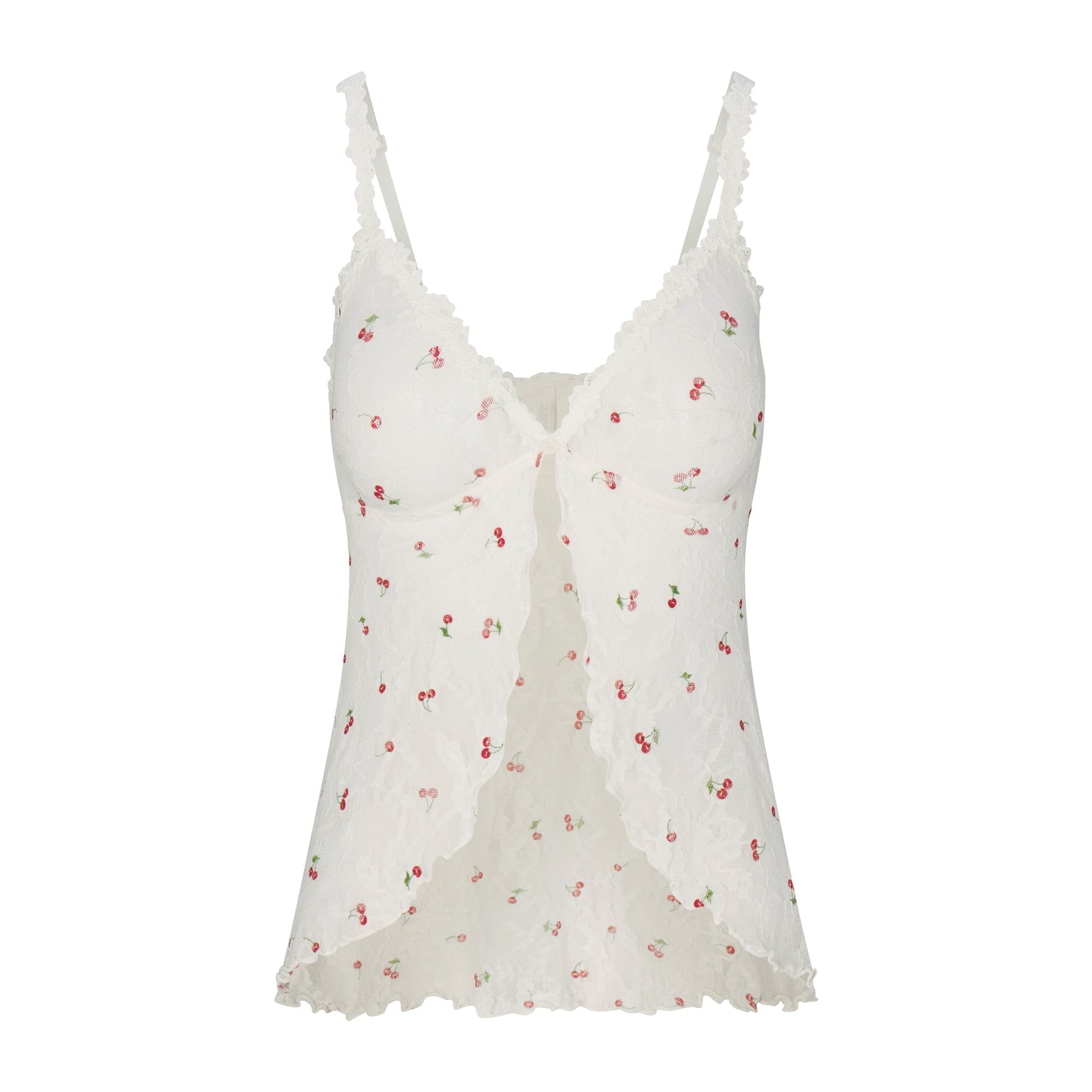 STRETCH LACE BABYDOLL TOP | IVORY CHERRY PRINT