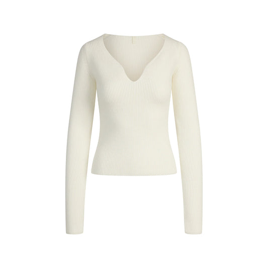 SWEATER KNITS RIBBED LONG SLEEVE TOP | IVORY