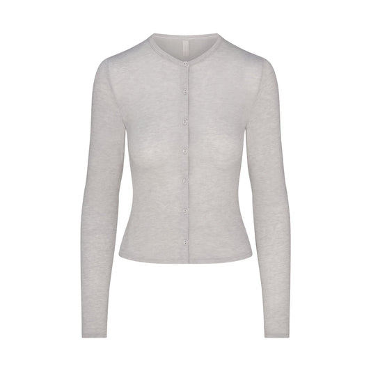 SHEER MODAL CARDIGAN WITH COVERED BUTTONS | HEATHER GREY