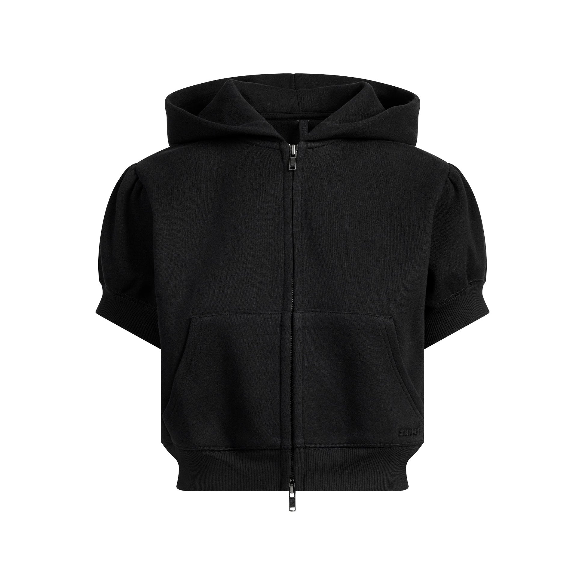 COTTON FLEECE BUBBLE SLEEVE CROPPED ZIP UP | ONYX