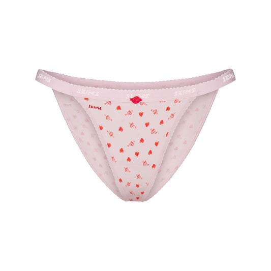 LIGHTWEIGHT COTTON LOGO PICOT STRING BIKINI | BABY PINK ARROWED HEARTS