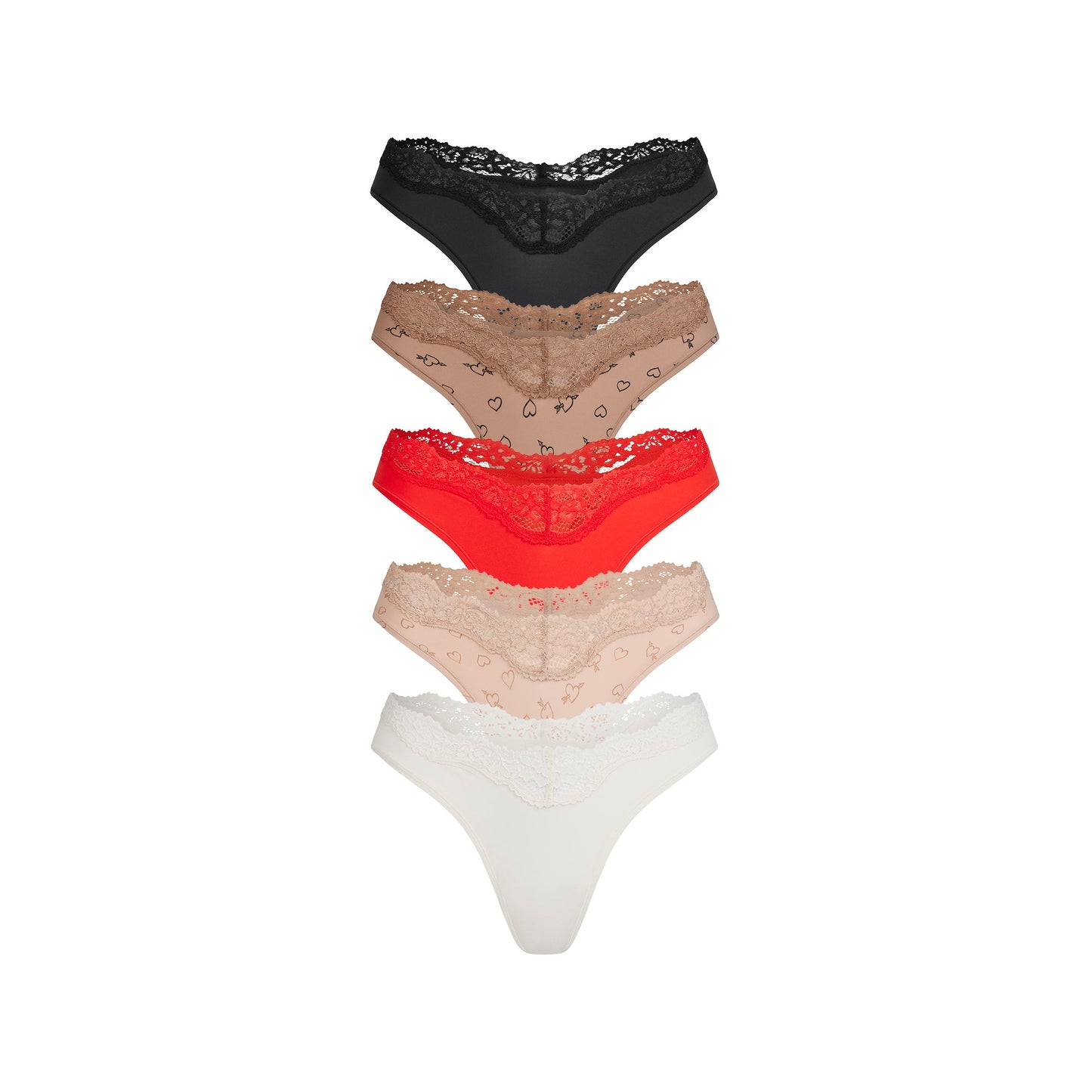 FITS EVERYBODY LACE DIPPED THONG 5-PACK | SKETCHED HEARTS MULTI