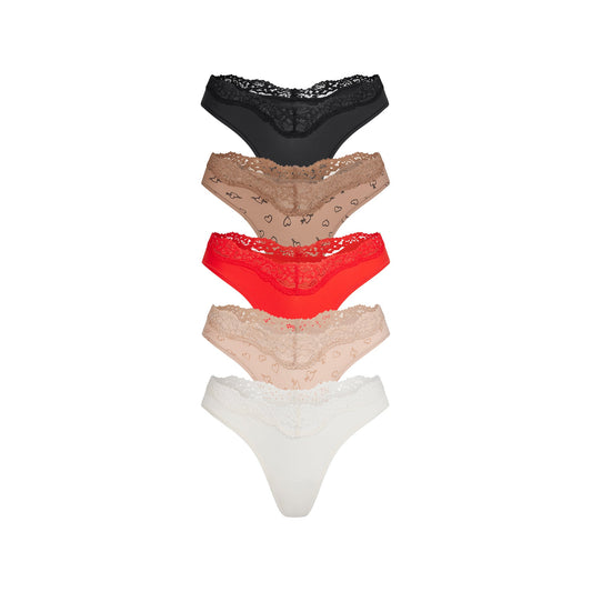 FITS EVERYBODY LACE DIPPED THONG 5-PACK | SKETCHED HEARTS MULTI