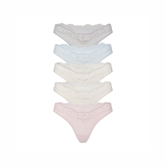 FITS EVERYBODY LACE DIPPED THONG 5-PACK | IVORY PEARL BOW MULTI
