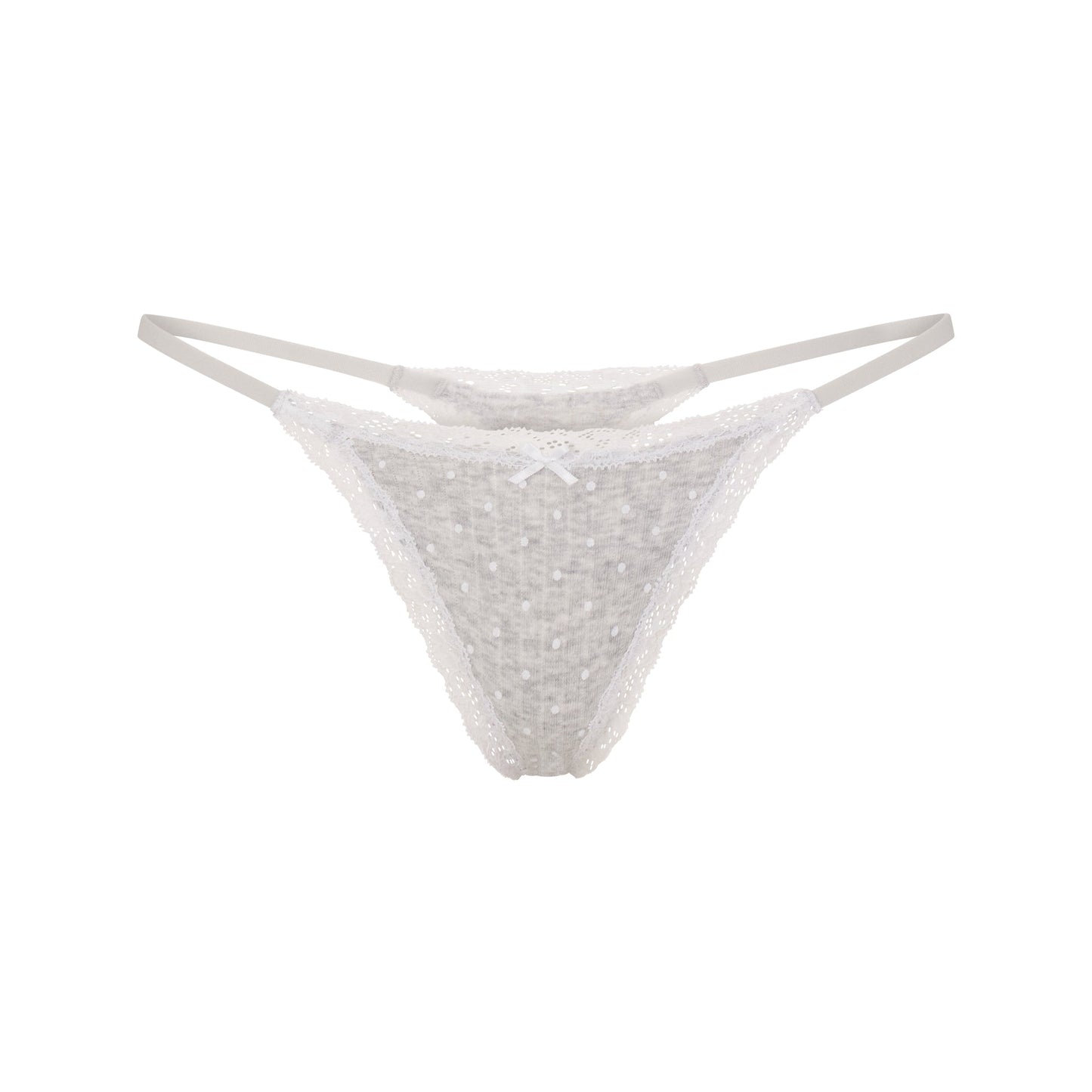 LIGHTWEIGHT COTTON POINTELLE LACE STRING THONG | LIGHT HEATHER GREY PIN DOT
