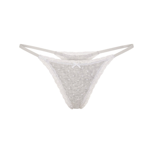 LIGHTWEIGHT COTTON POINTELLE LACE STRING THONG | LIGHT HEATHER GREY PIN DOT