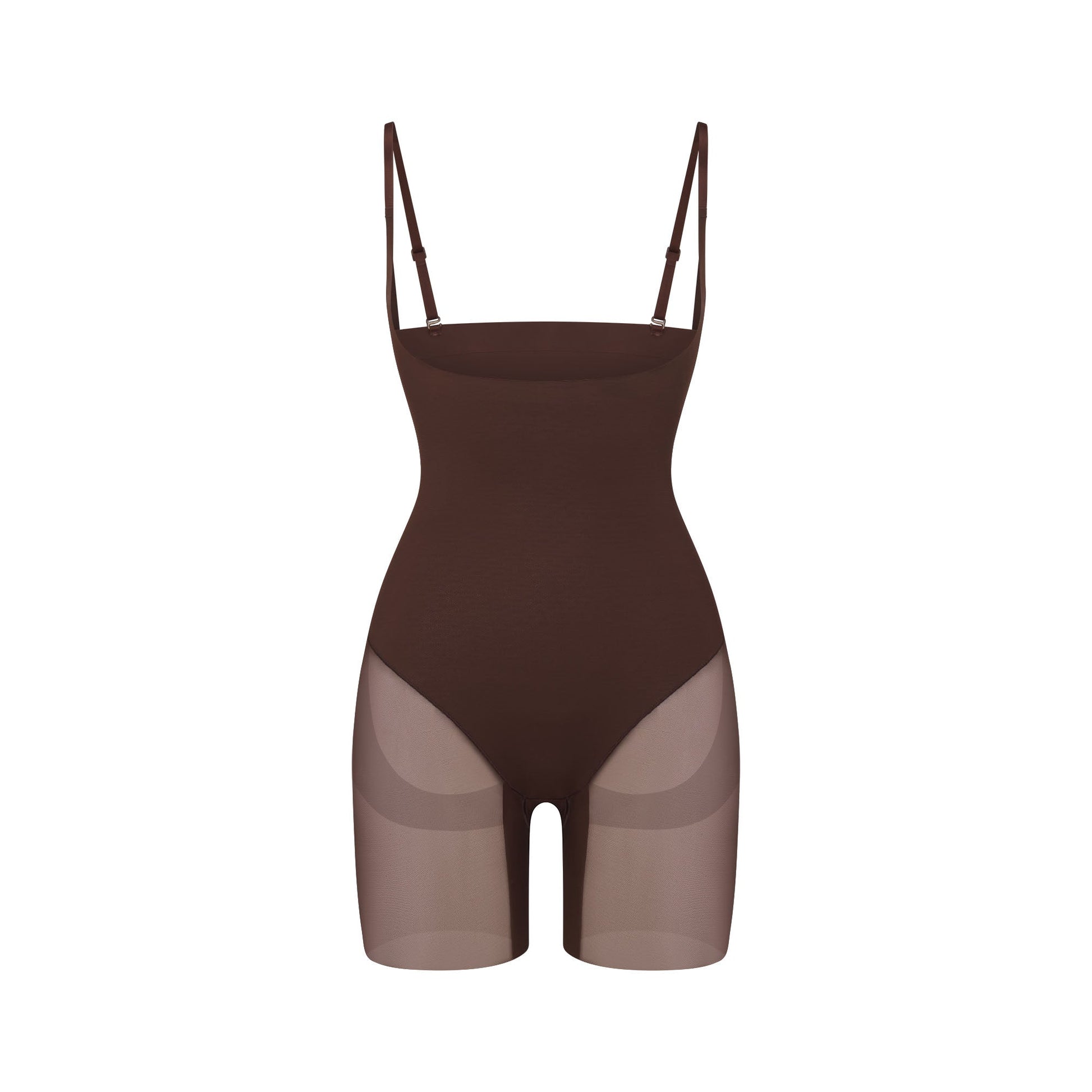 POWER MESH SHAPEWEAR CORE SCULPT OPEN BUST MID THIGH BODYSUIT | COCOA