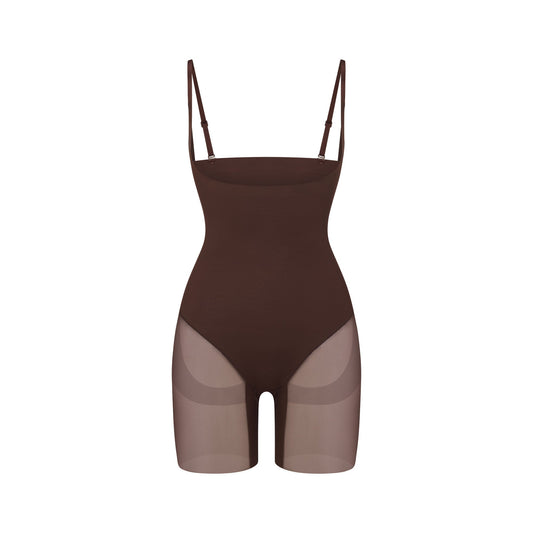 POWER MESH SHAPEWEAR CORE SCULPT OPEN BUST MID THIGH BODYSUIT | COCOA