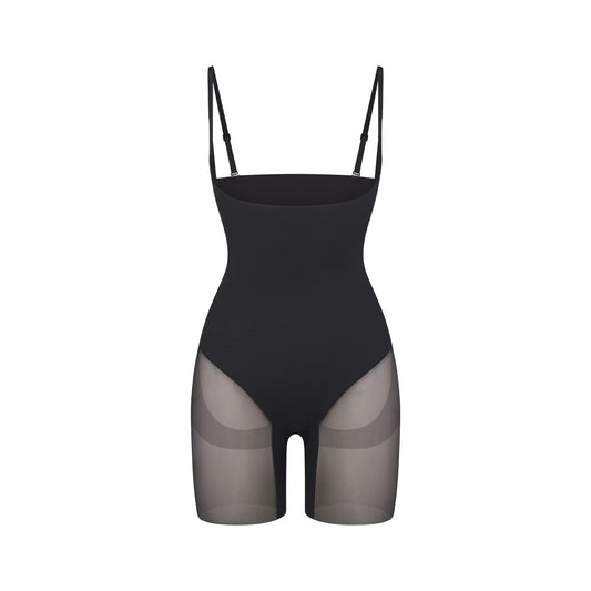 POWER MESH SHAPEWEAR CORE SCULPT OPEN BUST MID THIGH BODYSUIT | ONYX