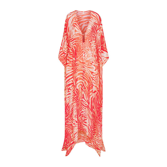 SWIM COVER-UPS SHEER LONG KAFTAN | CARMINE ZEBRA PRINT